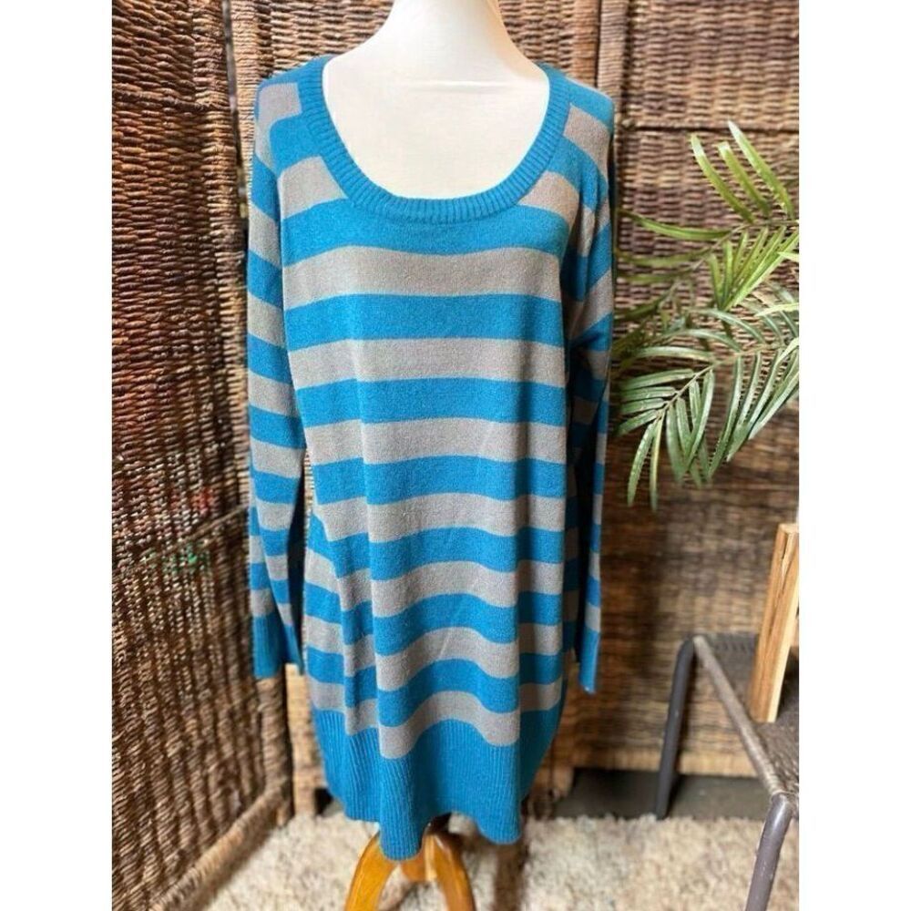 Extra Touch Teal Green/Blue Gray Striped Scoop Neck Long Sleeve Sweater/Dress 2X